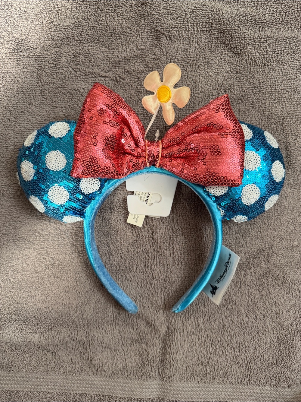 Disney Sequin Blue Polka Dot Minnie Ears with Pink Bow and Yellow Flower